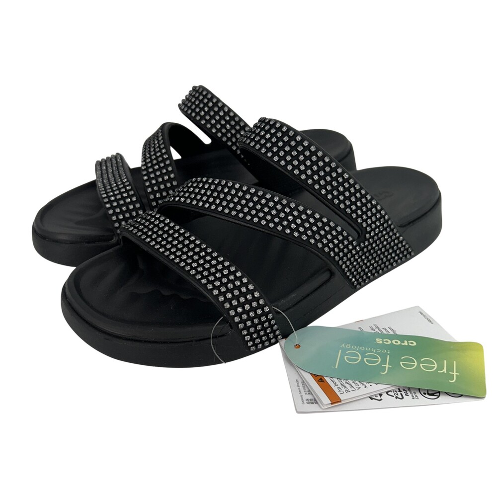 Crocs Sandals Shoes Womens Size 7 Black Getaway Gems Strappy Rhinestone Comfort